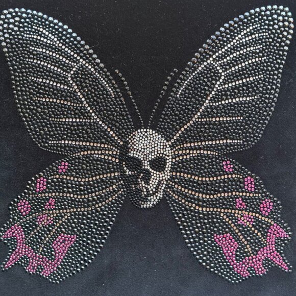 Black Velvet Swarovski Crystal Skull Butterfly Pillow Cover – 20x20 - Picture 3 of 3